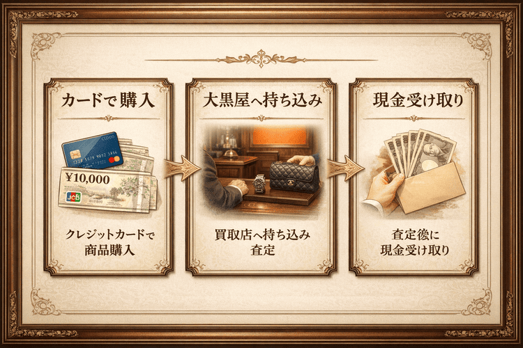 クレジットカードで商品を買って大黒屋で売却し現金を受け取る流れ