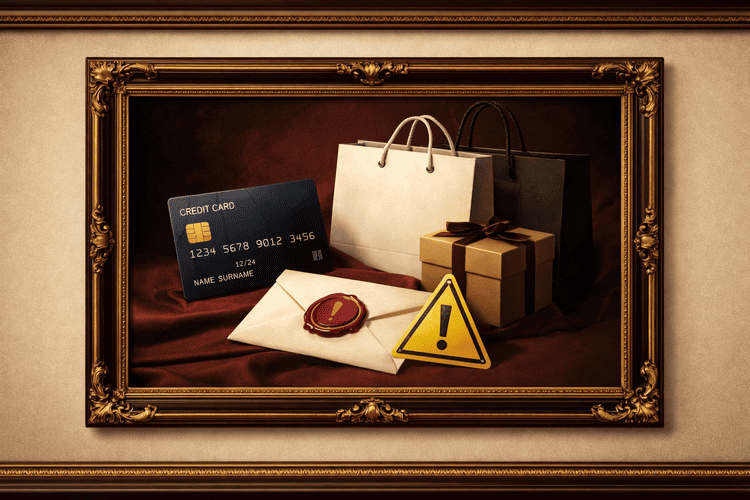 高額商品の購入とクレジットカード利用停止リスクを表した注意イメージ