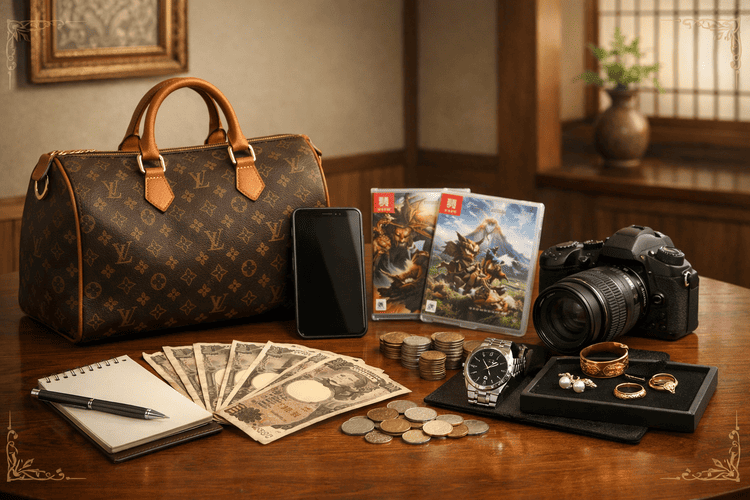 売ってお金になる不用品をテーブルに並べた高級感のあるイメージ