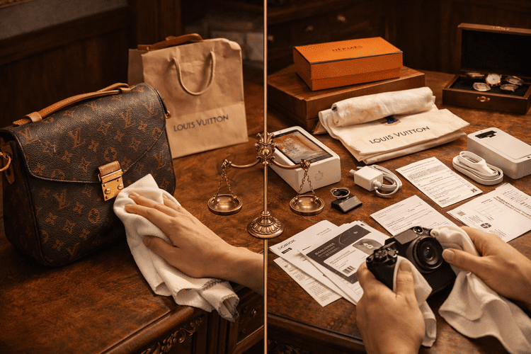 不用品を高く売るために清掃と付属品準備をしている様子